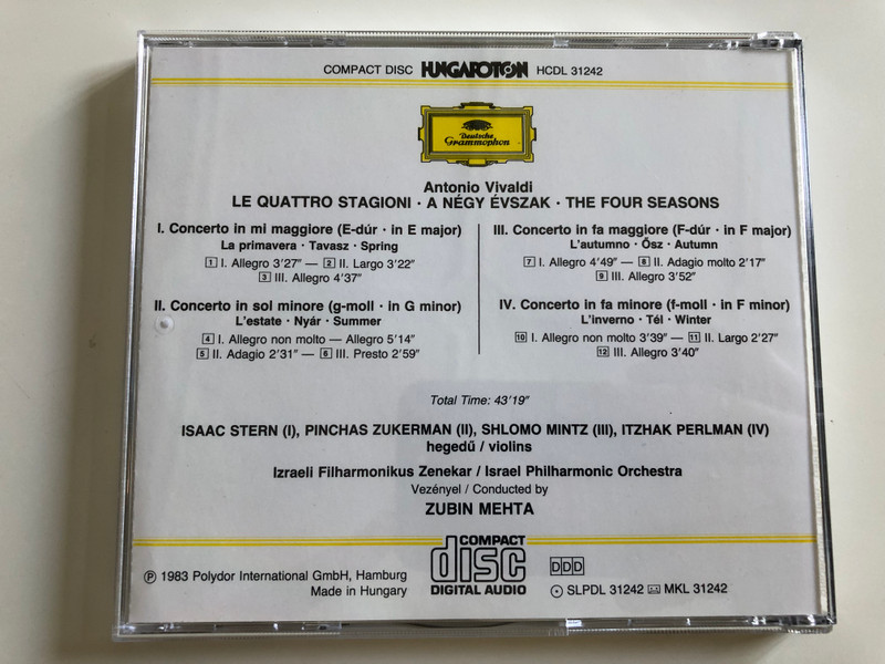 Antonio Vivaldi - Le Quattro Stagioni / The Four Seasons / Stern, Zukerman, Mintz, Perlman / Israel Philharmonic Orchestra / Conducted by Zubin Mehta / Hungaroton Audio CD 1983 / HCDL 31242