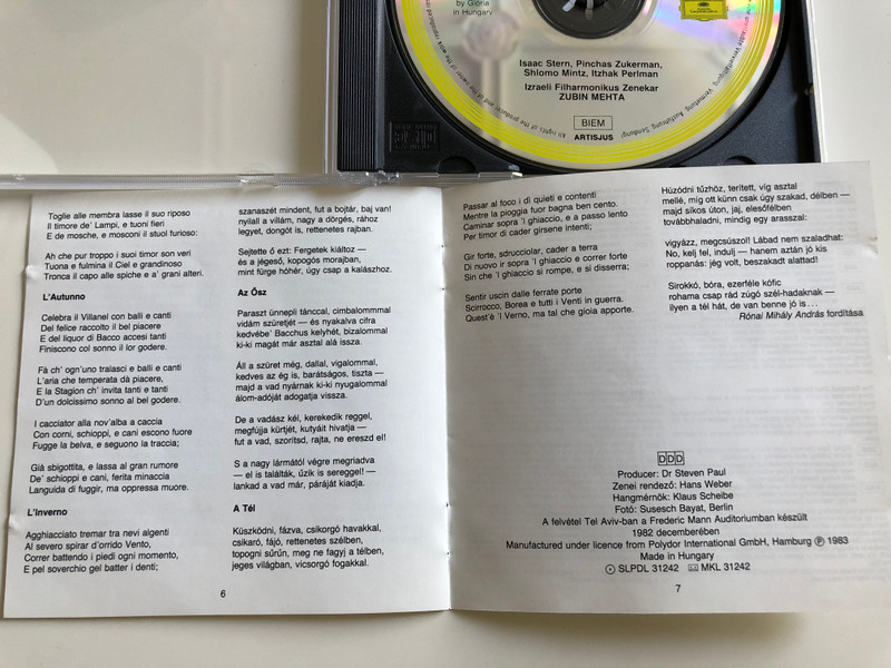 Antonio Vivaldi - Le Quattro Stagioni / The Four Seasons / Stern, Zukerman, Mintz, Perlman / Israel Philharmonic Orchestra / Conducted by Zubin Mehta / Hungaroton Audio CD 1983 / HCDL 31242