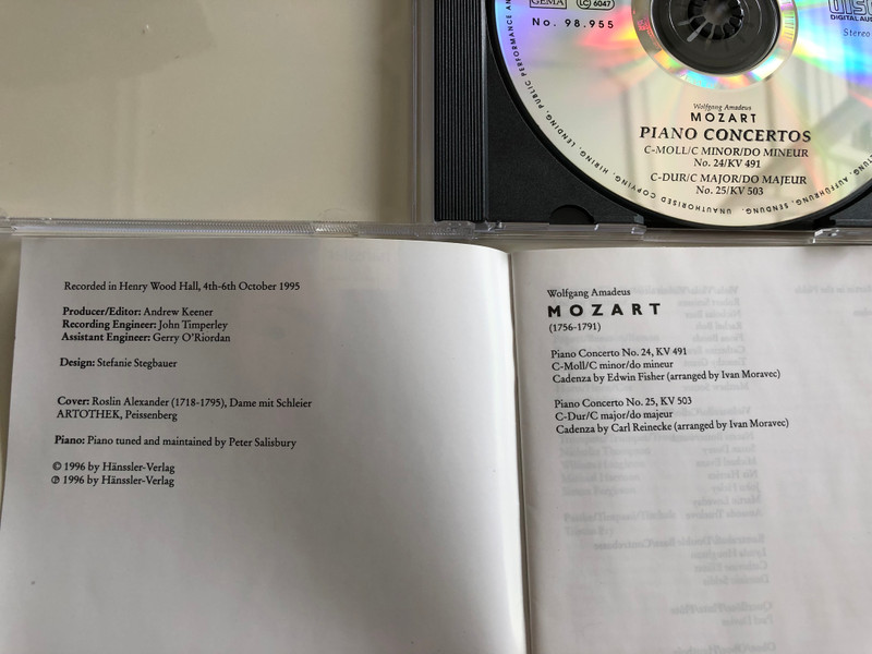W. A. Mozart - Piano Concertos / C-Minor, C-Major / Sir Neville Marriner / Ivan Moravec piano / Academy of St. Martin in the Fields / Audio CD 1997 / Hänssler Classic (4010276004417)