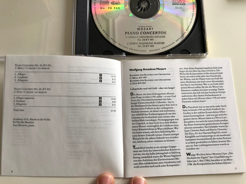 W. A. Mozart - Piano Concertos / C-Minor, C-Major / Sir Neville Marriner / Ivan Moravec piano / Academy of St. Martin in the Fields / Audio CD 1997 / Hänssler Classic (4010276004417)