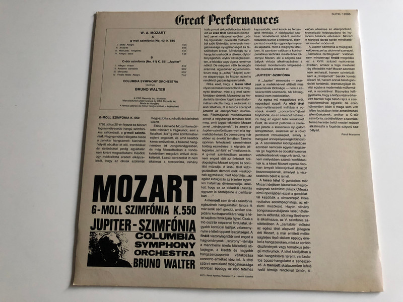 Mozart - G-moll Szimfonia K. 550 / Jupiter - Szimfonia / Columbia Symphony Orchestra / Conducted: Bruno Walter / HUNGAROTON LP STEREO / SLPXL 12606