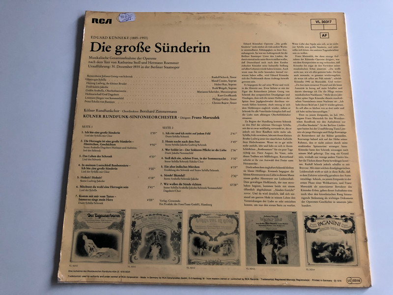 Eduard Künneke ‎– Die Große Sünderin / Kölner Rundfunkchor / Rudolf Schock / RCA Victrola LP / VL 30317