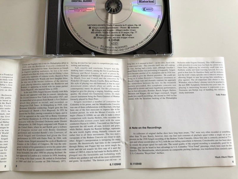 Brahms, Mendelssohn Violin Concertos / Joseph Szigeti / Hallé Orchestra, Hamilton Harty, London Philharmonic Orchestra / Thomas Beecham / Great Violinists - Szigeti / Audio CD 2002 (636943194829)