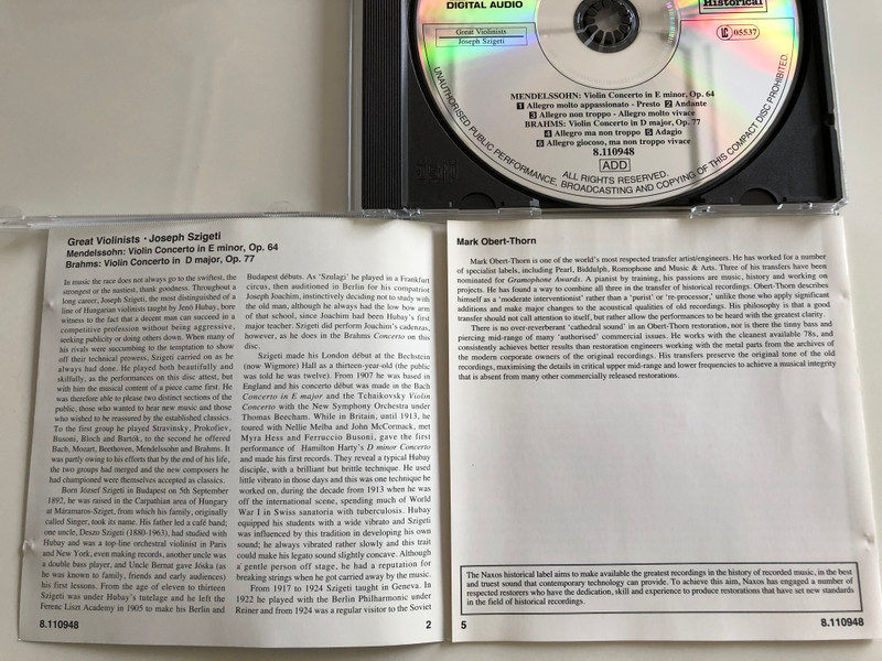 Brahms, Mendelssohn Violin Concertos / Joseph Szigeti / Hallé Orchestra, Hamilton Harty, London Philharmonic Orchestra / Thomas Beecham / Great Violinists - Szigeti / Audio CD 2002 (636943194829)