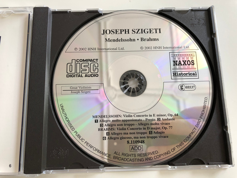 Brahms, Mendelssohn Violin Concertos / Joseph Szigeti / Hallé Orchestra, Hamilton Harty, London Philharmonic Orchestra / Thomas Beecham / Great Violinists - Szigeti / Audio CD 2002 (636943194829)