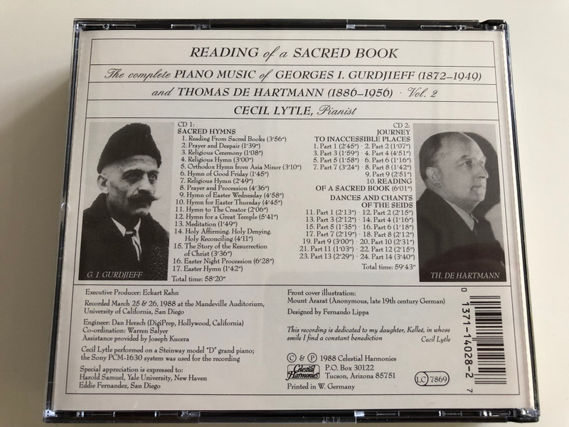 Reading of a Sacred Book / The Complete Piano Music of Georges I. Gurdjieff and Thomas De Hartmann Vol 2 / Cecil Lytle, Pianist / 2x Audio CD 1988 (013711402827)