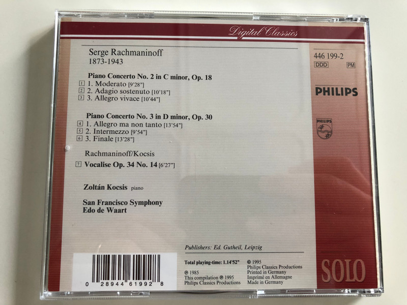  Rachmaninoff - Piano Concertos Nos. 2&3, Vocalise / Zoltán Kocsis / San Francisco Symphony / Edo de Waart / Philips Digital Classics Audio CD 1995 / 446 199-2 (028944619928)