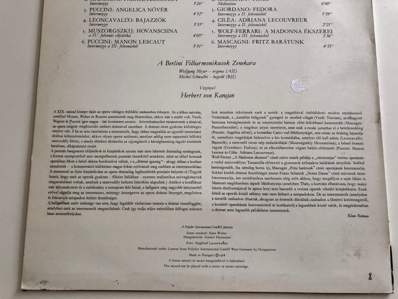 Intermezzo · Közjátékok Népszerü Operákból / A Berlini Filharmonikusok Zenekara / Herbert Von Karajan / HUNGAROTON LP STEREO / SLPXL 12138