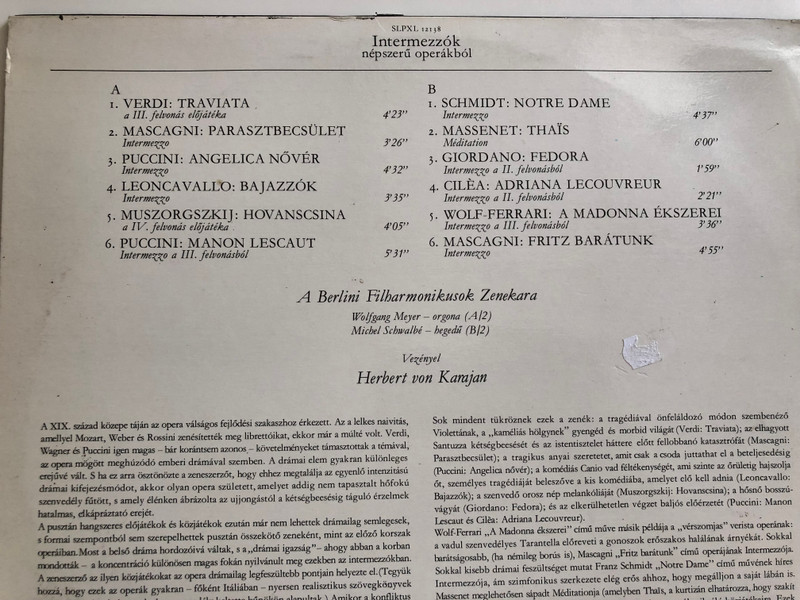 Intermezzo · Közjátékok Népszerü Operákból / A Berlini Filharmonikusok Zenekara / Herbert Von Karajan / HUNGAROTON LP STEREO / SLPXL 12138