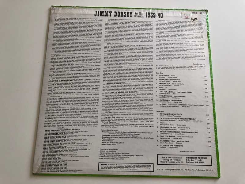 Jimmy Dorsey and His Orchestra ‎– 1939 - 1940 / Vocals: Helen O'Connell, Bob Eberly / The Original For Radio Only Recordings / Hindsight Records LP STEREO - MONO / HSR-101