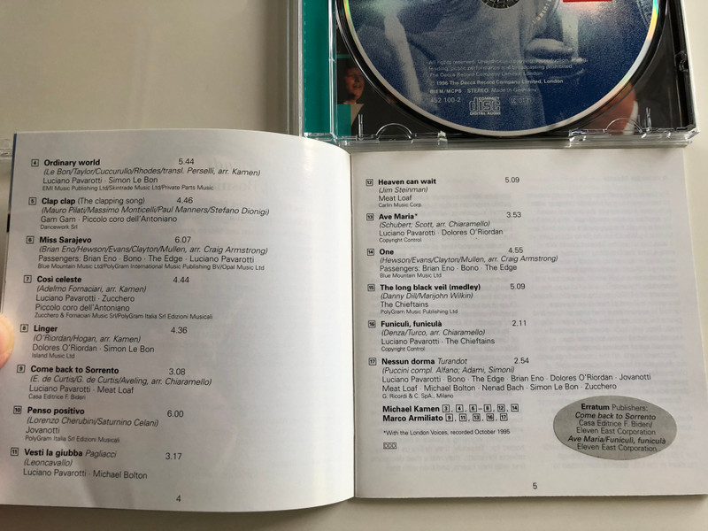Luciano Pavarotti & friends / Together for the Children of Bosnia / Brian Eno, Bono and the edge, Gam Gam, Jovanotti, Meat Loaf, Michael Kamen, The Chieftans, Zucchero / Live from the Parco Novi Sad, Modena 1995 / Audio CD 1996 Decca 452 100-2 (028945210025)
