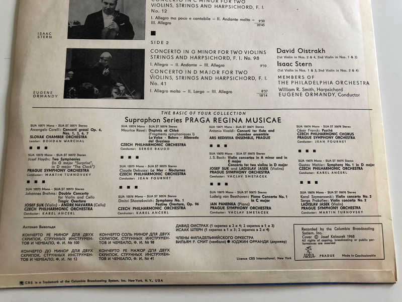 Vivaldi: Concertos For Two Violins / Isaac Stern, David Oistrakh / The Philadelphia Orchestra ‎/ SUPRAPHON LP STEREO - MONO / SUA 10932, SUA ST 50932