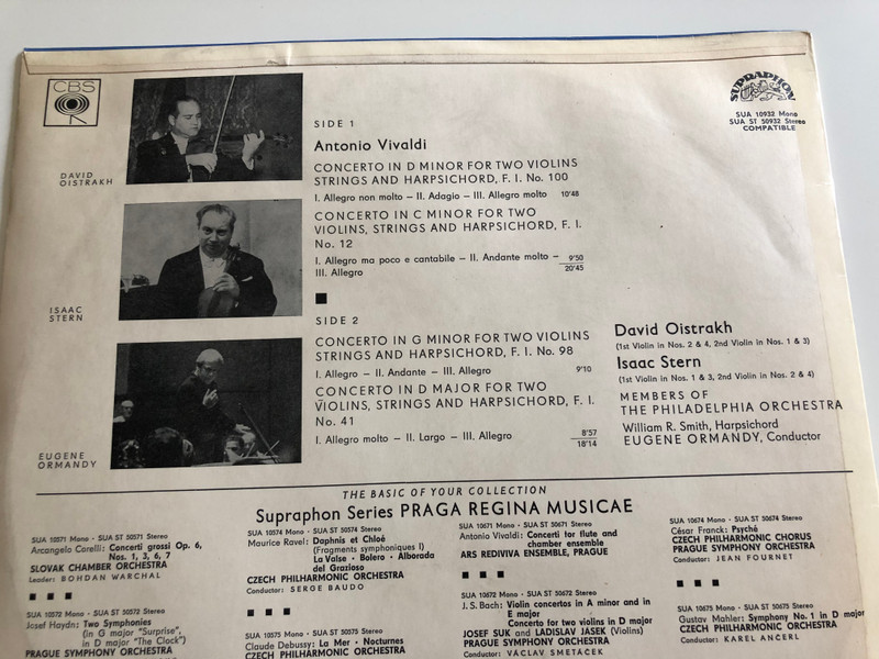 Vivaldi: Concertos For Two Violins / Isaac Stern, David Oistrakh / The Philadelphia Orchestra ‎/ CBS / SUPRAPHON LP STEREO - MONO / SUA 10932, SUA ST 50932