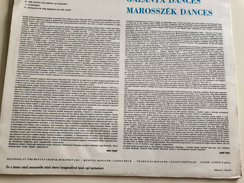 Kodály - Háry János Suite, Marosszék Dances, Galánta Dances / The Budapest Philharmonic Society Orchestra / Conducted: János Ferencsik / QULATION LP STEREO - MONO / LPX 1194