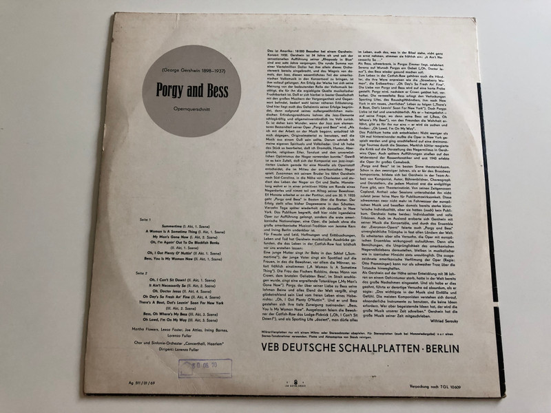Musikalische Kostbarkeiten / George Gershwin ‎– Porgy And Bess (Opernquerschnitt) / Choir: Und Sinfonieorchester "Concerthall Haarlem" / Conducted: Lorenzo Fuller / ETERNA LP / 8 20 432