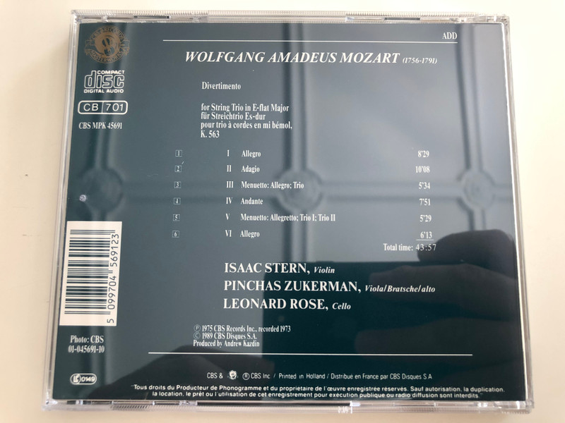 Isaac Stern, Pinchas Zukerman, Leonard Rose - Mozart: Trio Divertimento, K.563 / Masterworks Portrait / Audio CD 1989 / CBS MPK 45691 (5099704569123)