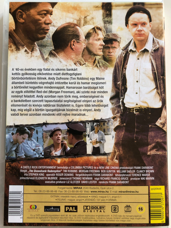 The ShawShank Redemption DVD 1994 A remény rabjai / Directed by frank Darabont / Starring: Tim Robbins, Morgan Freeman, Bob Gunton, William Sadler (5996473013782)