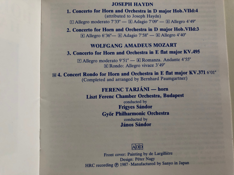 Horn Concertos - Haydn, Mozart / Ferenc Tarjáni / Liszt Ferenc Chamber Orchestra / Győr Philharmonic / Hungaroton White Label Audio CD 1987 / HRC 048 (HRC048)