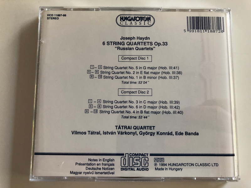 Joseph Haydn - "Russian Quartets" Op. 33 / Tátrai Quartet / Hungaroton Classic Audio CD 1994 / HCD 11887-88 / 2 CD (5991811188726)