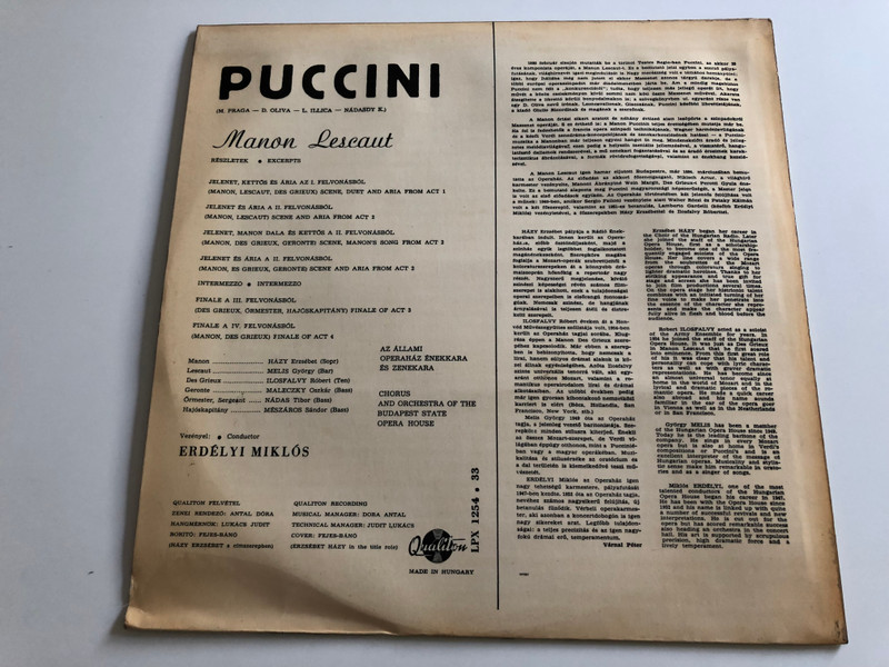 Puccini - Manon Lescaut - Részletek - Excerpts / Házy E., Ilosfalvy R., Melis Gy. / Conducted: Erdélyi M. / QUALITON LP STEREO / LPX 1254