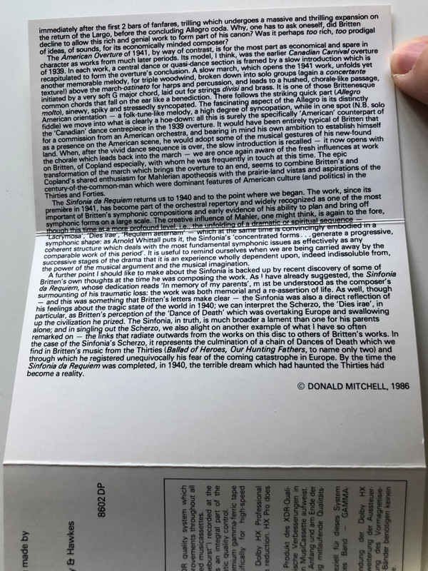 Britten - Sinfonia Da Requiem / An American Overture, Occasional Overture, Suites On English Folk Tunes, ''A Time There Was...'' / City Of Birmingham Symphony Orchestra / Conducted: Simon Rattle / EMI DIGITAL CASSETTE STEREO / EL 27 0263 4