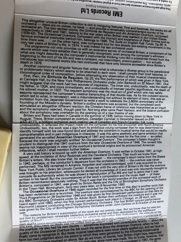 Britten - Sinfonia Da Requiem / An American Overture, Occasional Overture, Suites On English Folk Tunes, ''A Time There Was...'' / City Of Birmingham Symphony Orchestra / Conducted: Simon Rattle / EMI DIGITAL CASSETTE STEREO / EL 27 0263 4