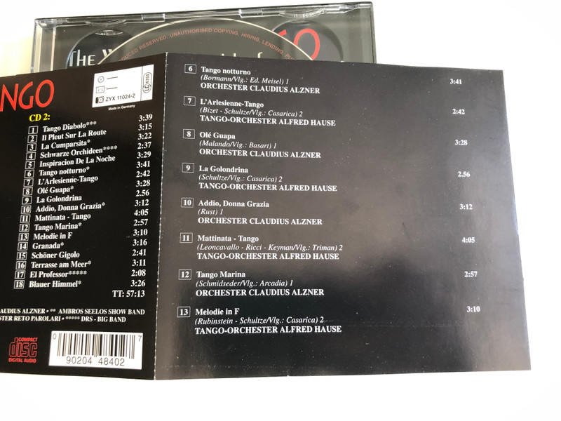 The World of Tango / Du Schwarzer Zieuner, Cielito Lindo, Jalousie, Tango Bolero, La Cumparsita, Olé Guapa and more... / Zyx Music 2 CD / Audio CD 1996 (090204484027)