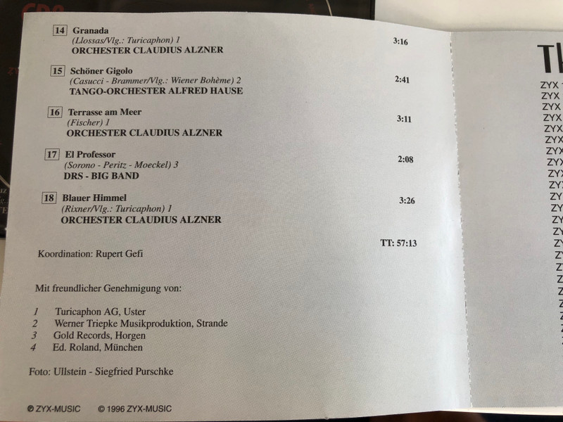 The World of Tango / Du Schwarzer Zieuner, Cielito Lindo, Jalousie, Tango Bolero, La Cumparsita, Olé Guapa and more... / Zyx Music 2 CD / Audio CD 1996 (090204484027)