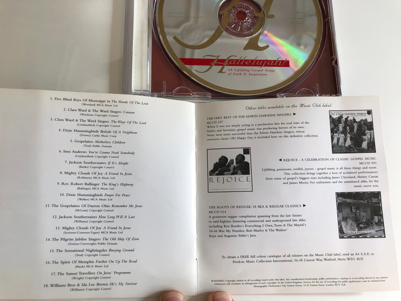 Hallelujah! 18 Uplifting Gospel Songs of Faith & Inspiration / Mighty Clouds of Joy, Clara Ward & the Ward Singers, Five Blind Boys of Mississippi, Dixie Hummingbirds and mor / Audio CD 1997 / MCCD 298 (5014797292987)