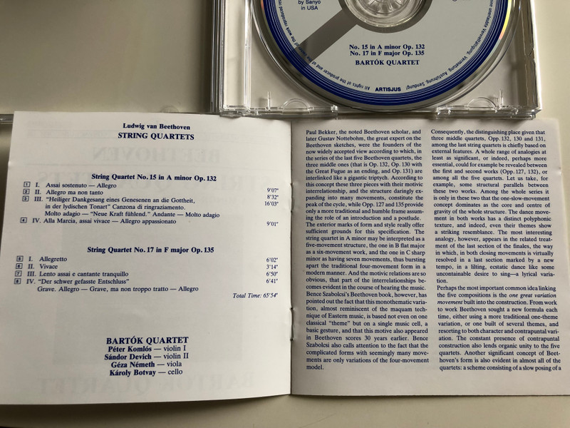 Beethoven - String Quartets / A Minor Op. 132, F Major Op. 135 / Bartók Quartet / Hungaroton White Label Audio CD 1989 / HRC 126 (HRC126)