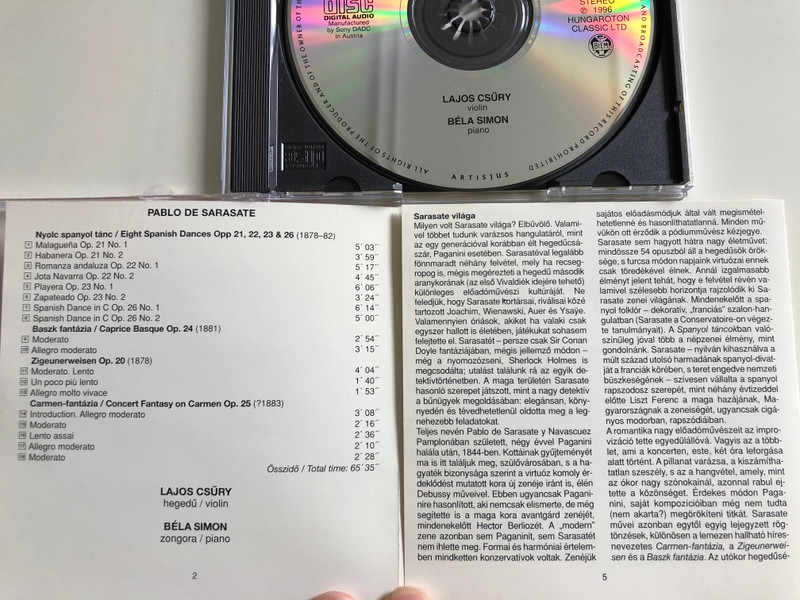 Sarasate - Eight Spanish Dances / Caprice Basque, Zigeunerweisen / Concert Fantasy on Carmen / Lajos Csűry violin, Béla Simon piano / Classical Diamonds / CLD 4007 Hungaroton Classic 1996 (5991810400720)