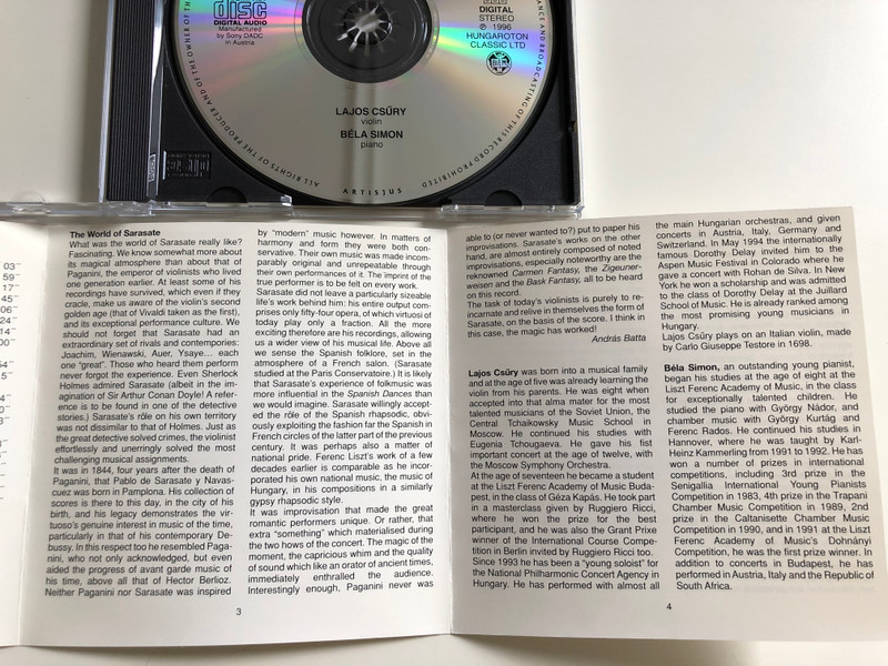 Sarasate - Eight Spanish Dances / Caprice Basque, Zigeunerweisen / Concert Fantasy on Carmen / Lajos Csűry violin, Béla Simon piano / Classical Diamonds / CLD 4007 Hungaroton Classic 1996 (5991810400720)