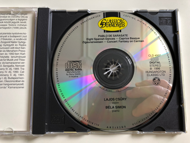 Sarasate - Eight Spanish Dances / Caprice Basque, Zigeunerweisen / Concert Fantasy on Carmen / Lajos Csűry violin, Béla Simon piano / Classical Diamonds / CLD 4007 Hungaroton Classic 1996 (5991810400720)