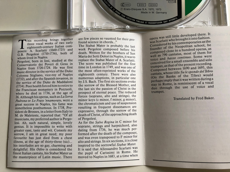Pergolesi - Stabat Mater, Salve Regina / Scarlatti - Cantate "Su Le Sponde Del Tebro" / Societa Cameristica di Lugano / Conducted by Edwin Loehrer / ECD 55046 / Audio CD 1988 (0035625504626)