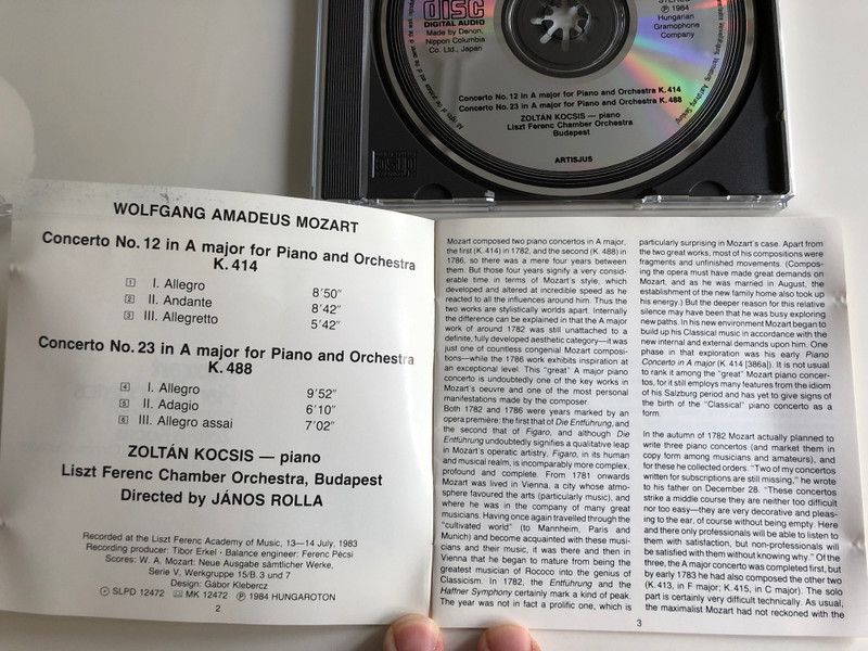 W. A. Mozart Piano Concertos in A major K.414 & 488 / Zoltán Kocsis piano / Liszt Ferenc Chamber Orchestra / Conducted by János Rolla / Hungaroton Classic Audio CD 1984 (HCD12472-2)