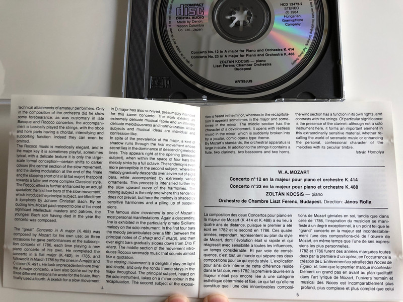 W. A. Mozart Piano Concertos in A major K.414 & 488 / Zoltán Kocsis piano / Liszt Ferenc Chamber Orchestra / Conducted by János Rolla / Hungaroton Classic Audio CD 1984 (HCD12472-2)