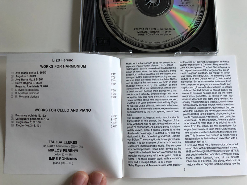 Liszt Ferenc - Works for Harmonium, Works for Cello and Piano / Zsuza Elekes on Liszt's Harmonium / Miklós Perényi, Imre Rohmann / Hungaroton Audio CD 1987 / HCD 12768 (HCD 12768)
