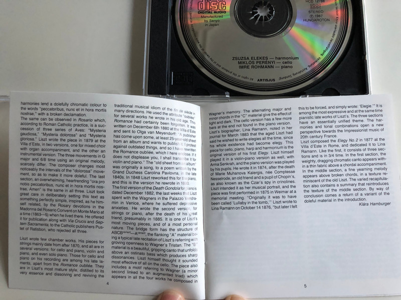 Liszt Ferenc - Works for Harmonium, Works for Cello and Piano / Zsuza Elekes on Liszt's Harmonium / Miklós Perényi, Imre Rohmann / Hungaroton Audio CD 1987 / HCD 12768 (HCD 12768)