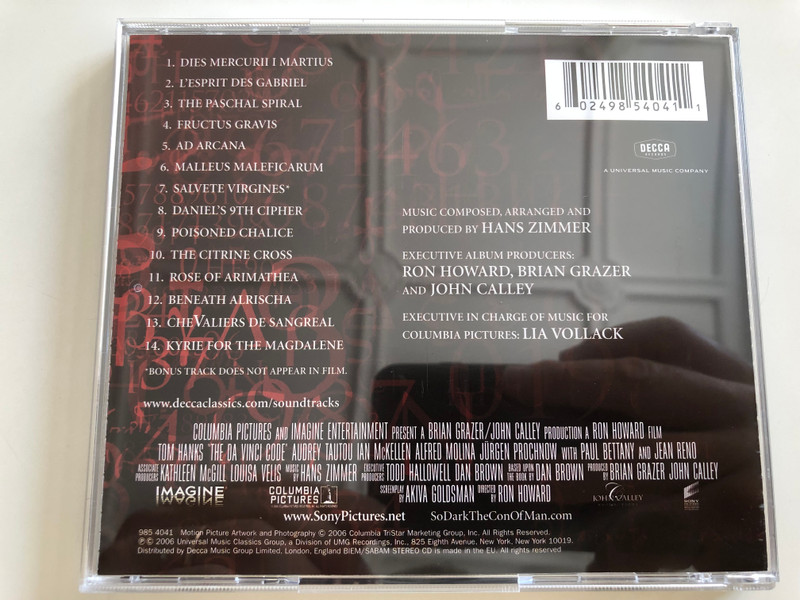 The DaVinci Code / Original Motion Picture Soundtrack / Composed by Hans Zimmer / Audio CD 2006 / Decca 985 4041 (602498540411)