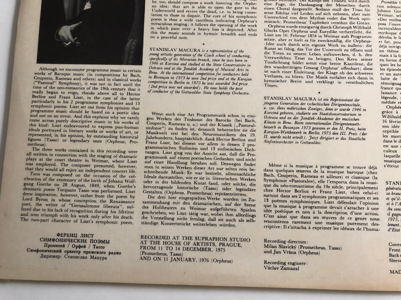 Liszt – Symphonic Poems / Prometheus, Orpheus, Tasso / Prague Radio Symphony Orchestra, Stanislav Macura ‎/ SUPRAPHON LP STEREO/QUAD / 4 10 2080