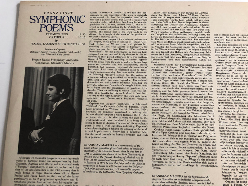 Liszt – Symphonic Poems / Prometheus, Orpheus, Tasso / Prague Radio Symphony Orchestra, Stanislav Macura ‎/ Cello – Stanislav Vích / SUPRAPHON LP STEREO/QUAD / 4 10 2080
