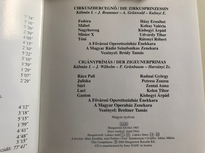 Kálmán ‎– Cirkuszhercegnő Der Zirkusprinzessin / Hazy Erzsebet, Petress Zsuzsa, Kishegyi Arpad, Radnai Gyorgy / Conducted: Brody Tamas, Breitner Tamas / Hungaroton Audio CD Stereo 2004 / HCD 16876
