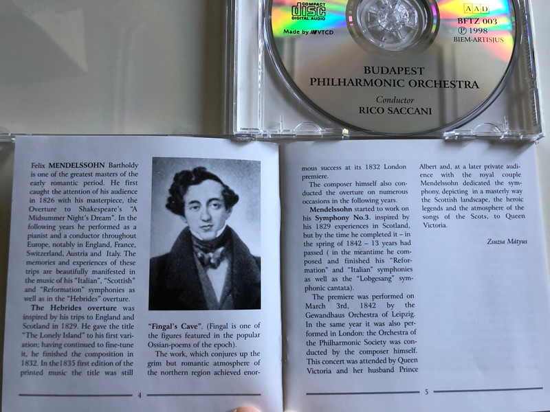 Budapest Philharmonic Orchestra ‎/ Conducted: Rico Saccani / Felix Mendelssohn Bartholdy / The Hebrides (Fingal's Cave) - Overture, Symphony No.3 (Scottish) a-minor / VTCD Audio CD 1998 / BFTZ 003