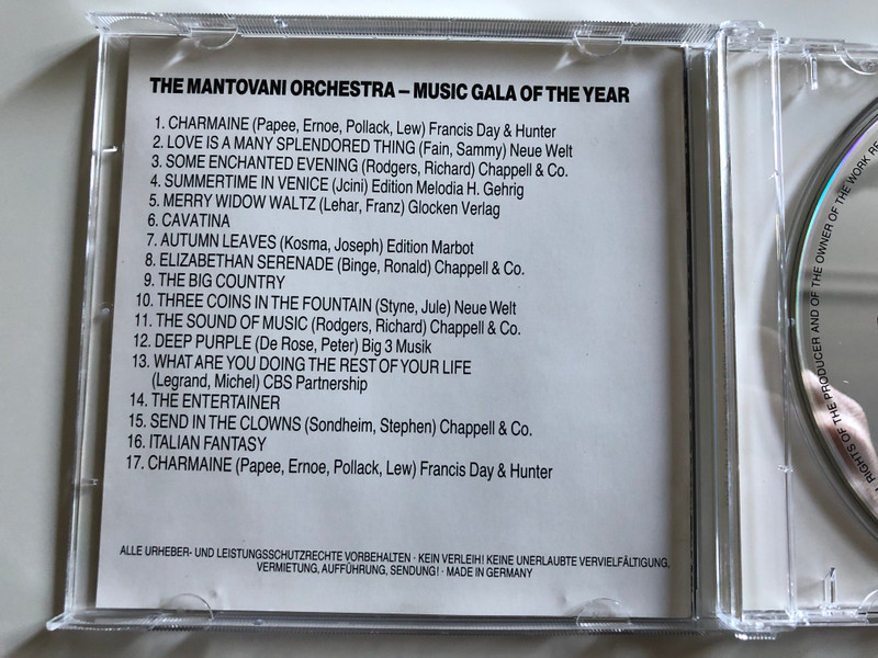 The Mantovani Orchestra ‎– Music Gala Of The Year / Charmaine, Love Is A Many Splendored Thing, Some Enchanted Evening, Summertime In Venice, Merry Widow Waltz, Cavatina, Autumn Leaves / Galaxis Audio CD Stereo / CD 9010