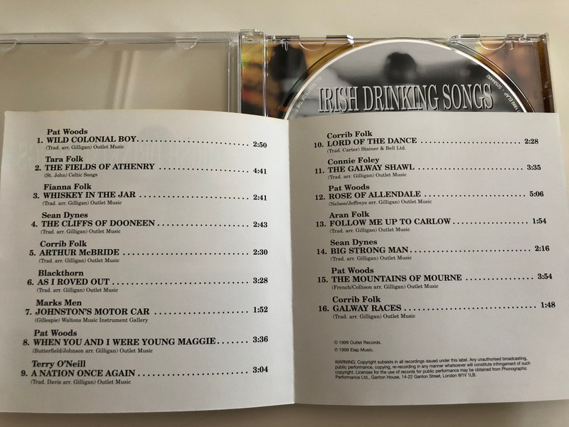 Irish dirnking songs / Pat Woods, Tara Folk, Blackthorn, Connie Foley / Audio CD 1999 / Elap (5706238311110)