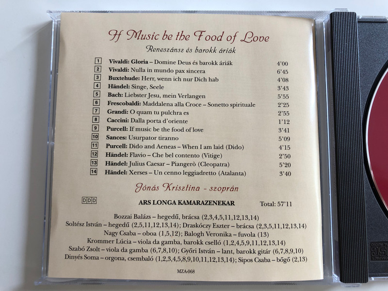 Krisztina Jonas, soprano - If Music be the Food of Love / Renaissance and Baroque Arias /Allegro Thaler Audio CD 2003 / MZA-068