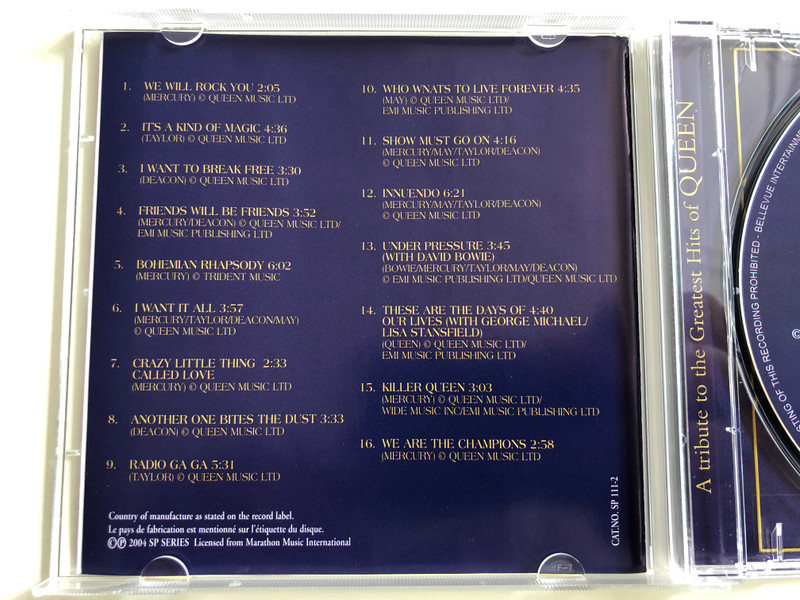 A tribute to the greatest hits of QUEEN / Performed By Forever Rock / Including - Bohemian Rhapsody, We are the Champions, Crazy Little thing called Love / BIEM Audio CD 2004 / SP 111-2
