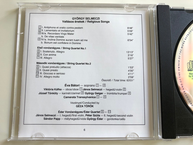 Gyorgy Selmeczi - Religious Songs, String Quartets Nos 1 & 2 / Eva Batori, Camerata Transsylvanica, Geza Torok, Eder Quartet / Hungaroton Audio CD Stereo 1995 / HCD 31607