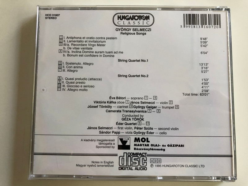Gyorgy Selmeczi - Religious Songs, String Quartets Nos 1 & 2 / Eva Batori, Camerata Transsylvanica, Geza Torok, Eder Quartet / Hungaroton Audio CD Stereo 1995 / HCD 31607