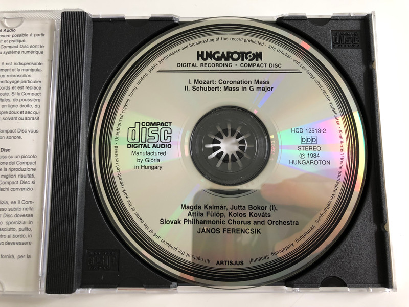 Mozart - Mass in C major 'Coronation' / Schubert - Mass In G Major / Magda Kalmar, Jutta Bokor, Attila Fulop, Kolos Kovats / Slovak Philharmonic Chorus & Orchestra / Conducted: János Ferencsik ‎/ Hungaroton Audio CD 1984 Stereo / HCD 12513-2